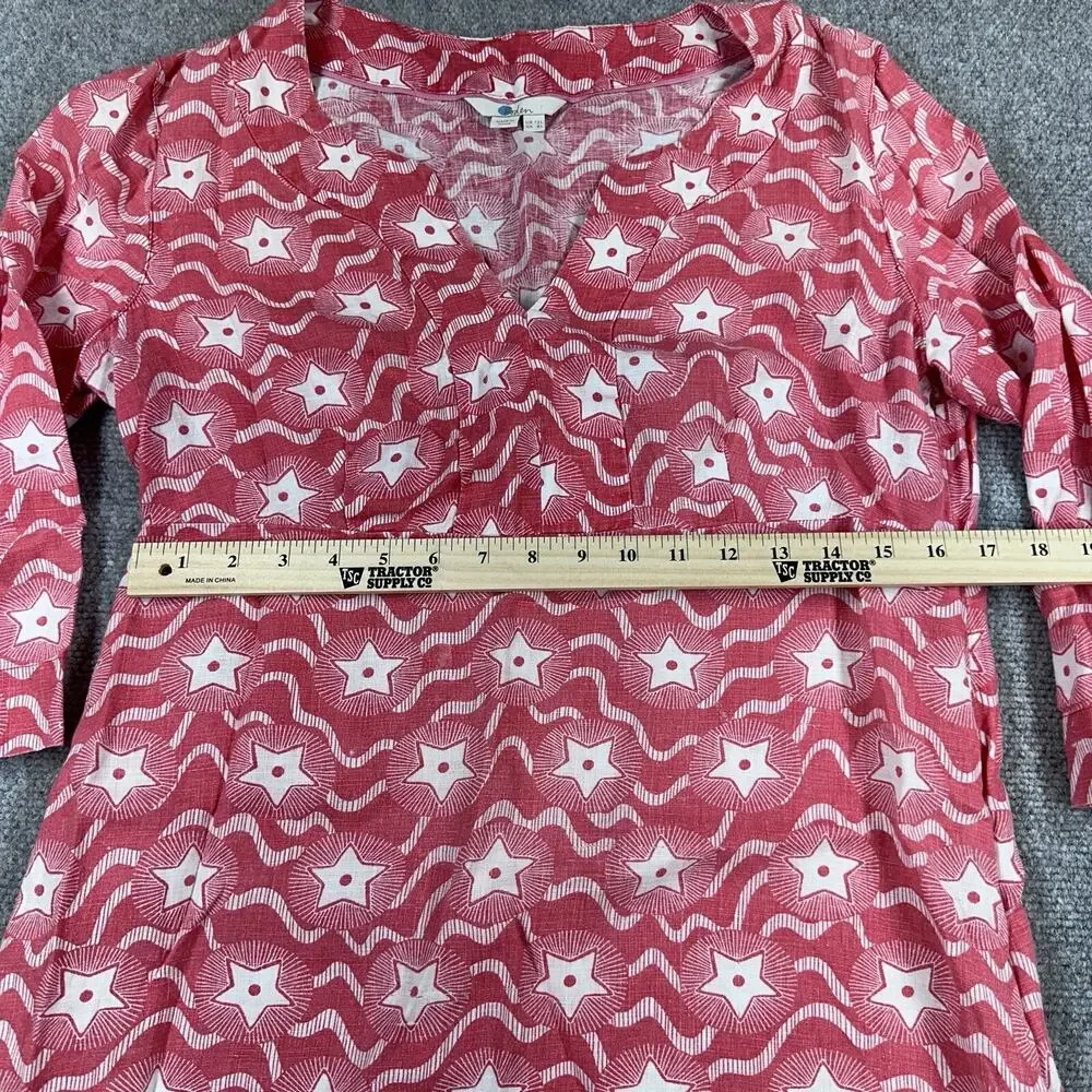 Boden Red Linen Star Mini Dress 3/4 Sleeve Notch Neck Sz 8 Petite 4th Of July - Picture 5 of 11